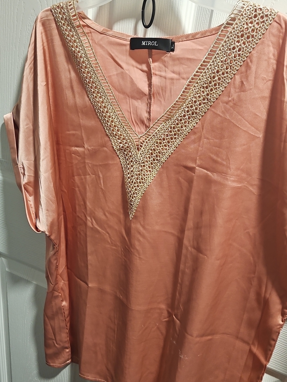 Mirol Peach Satin V-Neck Blouse with Gold Embellished Trim